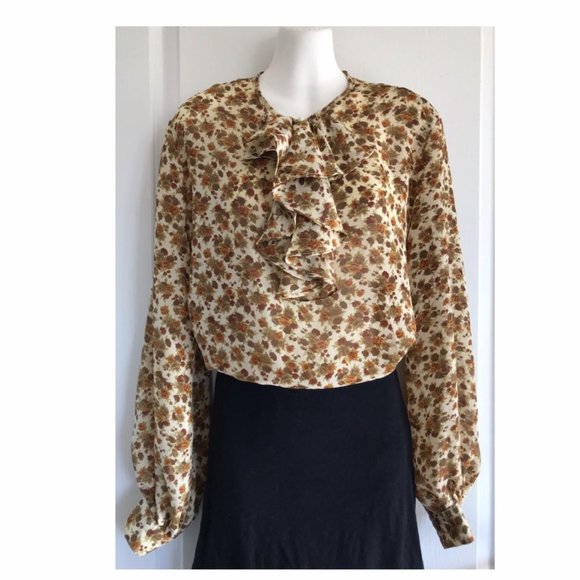 Vintage Ivory Chiffon Ruffle Blouse Brown Calico Floral Print Eaton Pursuits - Picture 1 of 4